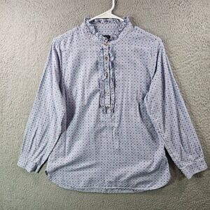 Talbots‎ Womens Shirt M Blue Polka Dot Ruffle Neck Button Front Long Sleeve